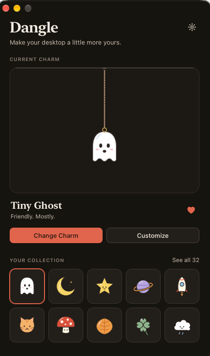 Dangle running on macOS: a control window for choosing and customizing a charm