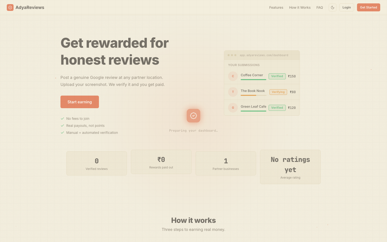 Homepage of the AdyaReviews website, a web application and product platform project designed and built by GM Software Labs