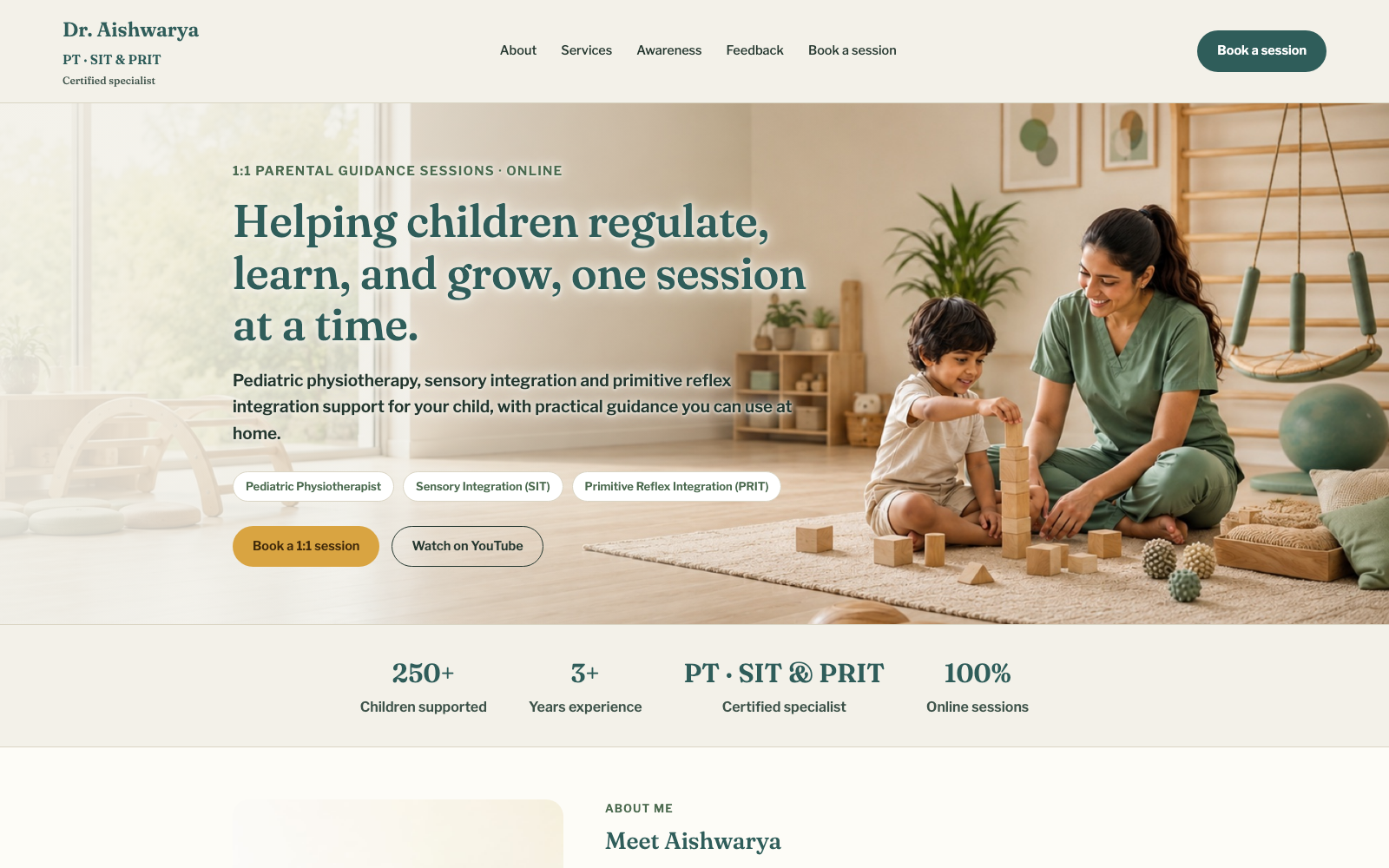 Homepage of the Dr. Aishwarya website, a professional website and booking experience project designed and built by GM Software Labs