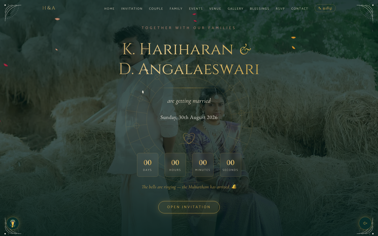 Homepage of the Hariharan & Angalaeswari website, a wedding website and digital invitation project designed and built by GM Software Labs